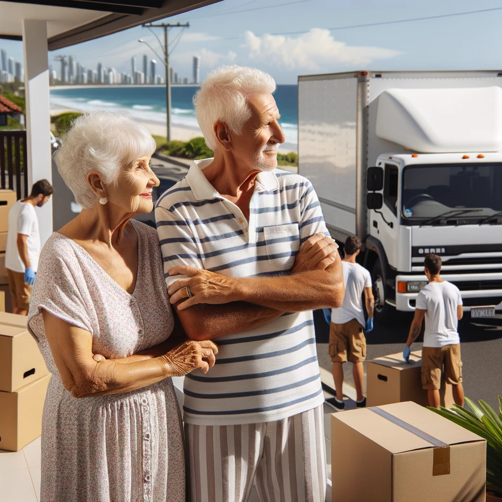 Old couple standing out the front of their Gold Coast Property on moving day.